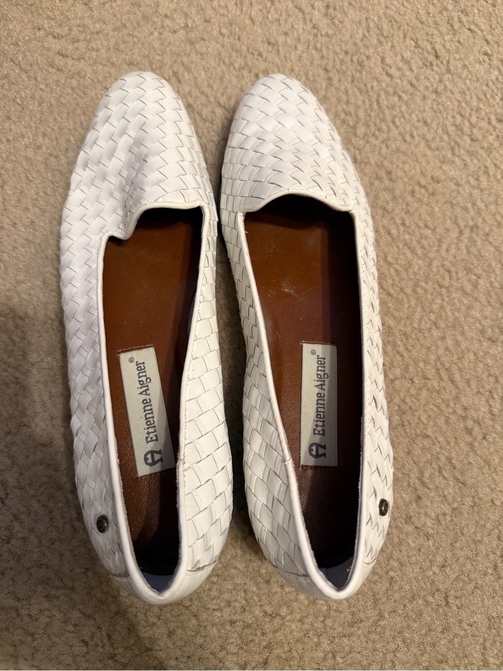 Etienne Aigner White Woven Leather Loafers